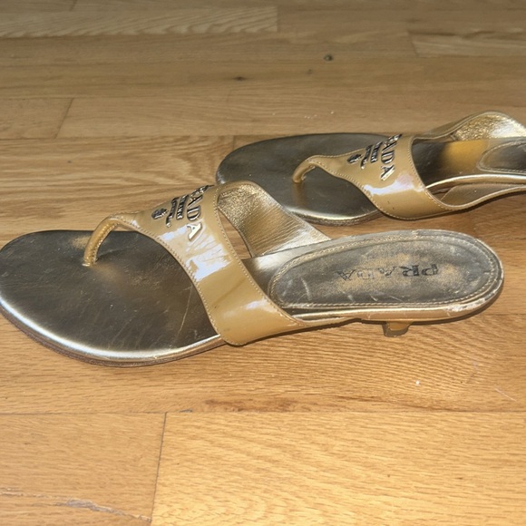 Prada gold w/silver hardware slides/sandals w/ kitten heel. - Picture 6 of 9